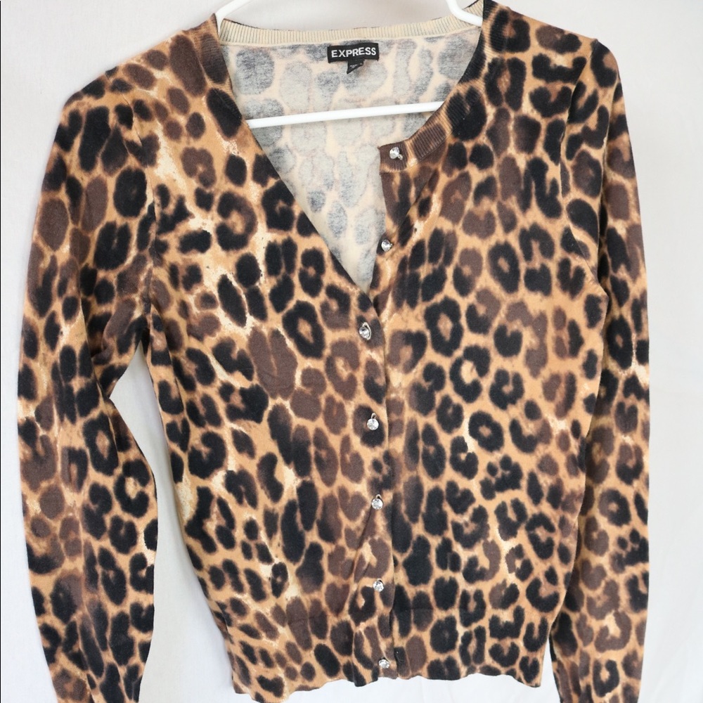 Express Cheetah Print Sweater With Diamond Buttons